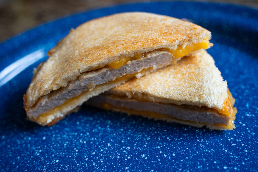 Sausage and Cheddar Cheese Pudgy Pie pudgy pie recipes, pudgy pie, pudgy pie ideas, Jones Dairy Farm Sausage Patties