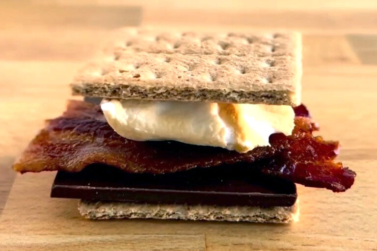 Jones Dairy Farm Dry Aged Bacon on a campfire s'mores, bacon desserts, bacon smores, sweet and savory smores