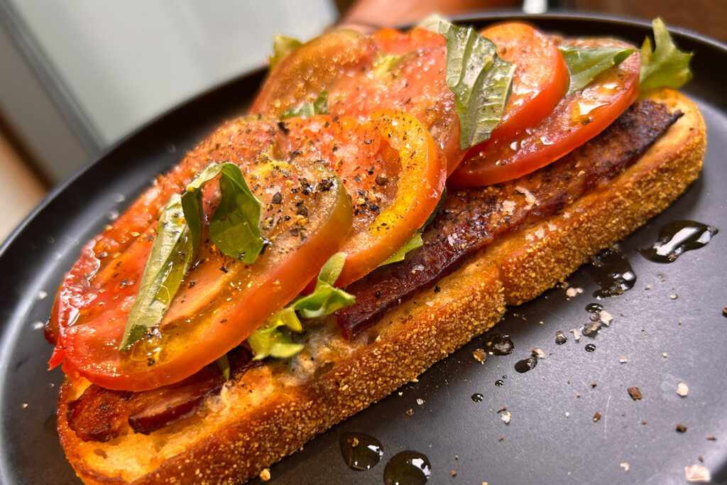 Bacon Tomato Toast with Giardiniera Mayo, Jones Dry Aged Bacon, Tomato Toast, Bacon Toast
