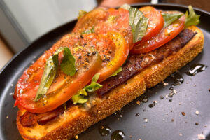 Bacon Tomato Toast with Giardiniera Mayo, Jones Dry Aged Bacon, Tomato Toast, Bacon Toast