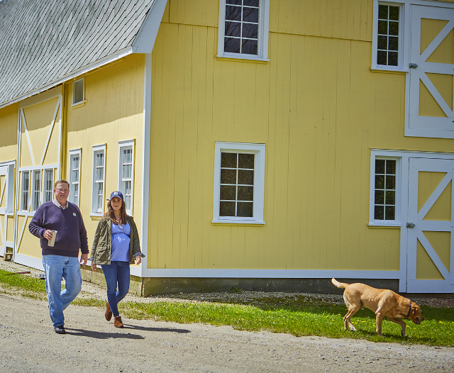 Jones farm house with dog, Philip Jones and Lisa Caras, Jones Family Members