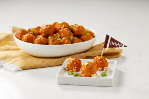 Buffalo Chicken Meatballs with Football Flag for Appetizers, gameday meatballs, party appetizers, easy chicken meatballs