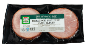 No Antibiotics Ever Heritage Uncured Ham Slices Front, Jones Dairy Farm Uncured Ham Slices, Jones All Natural Ham Slices