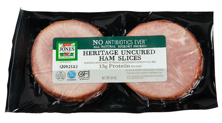 No Antibiotics Ever Heritage Uncured Ham Slices Front, Jones Dairy Farm Uncured Ham Slices, Jones All Natural Ham Slices
