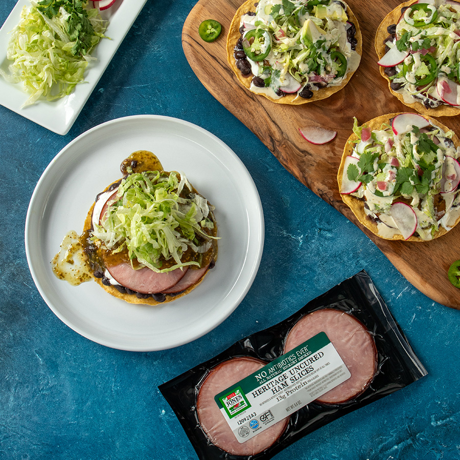No Antibiotics Ever Heritage Uncured Ham Slices Front, Jones Dairy Farm Uncured Ham Slices, Jones All Natural Ham Slices, Ham Tostadas