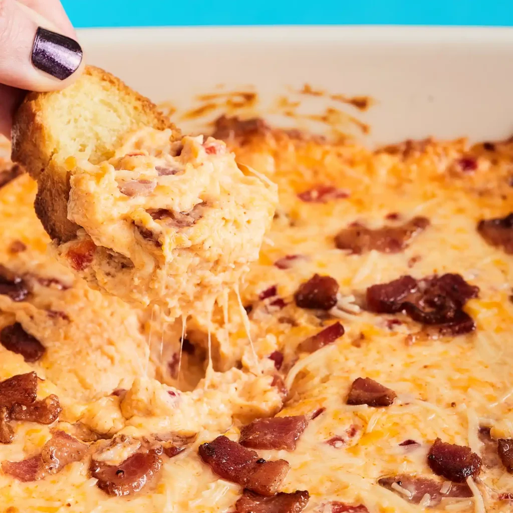 A crostini being pulled from a bubbling baked pimento dip with Jones Dry Aged Bacon, sharp cheddar, Parmesan, and pimentos, showing a melted cheese pull from the white baking dish.