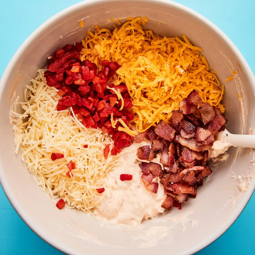 Overhead mixing bowl showing the baked pimento dip ingredients ready to combine — shredded cheddar, Parmesan, diced pimentos, and crispy Jones Dry Aged Bacon pieces over a seasoned cream cheese base.