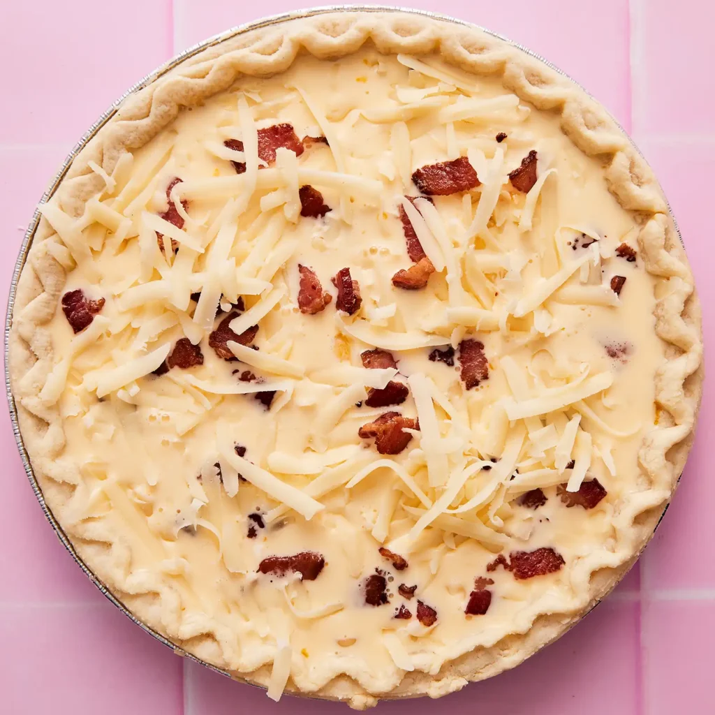 Unbaked Quiche Lorraine in a pie crust filled with egg custard, crispy Jones bacon, and shredded Gruyere cheese, ready to bake