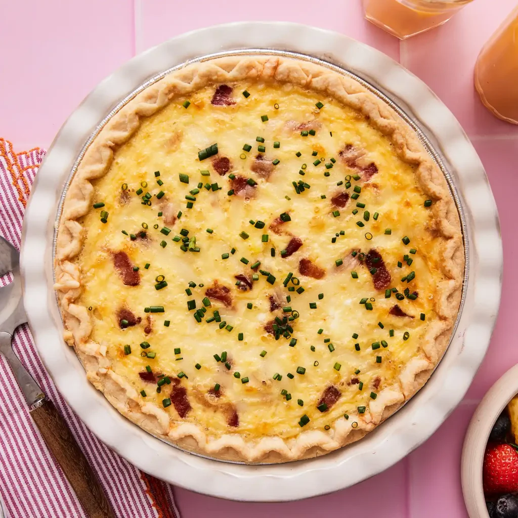 Overhead view of a whole baked Quiche Lorraine with Jones bacon and Gruyere in a fluted pie crust, garnished with fresh chives and served alongside fresh fruit