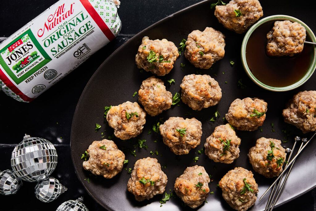 Smoked Gouda Sausage Balls with Spicy Honey