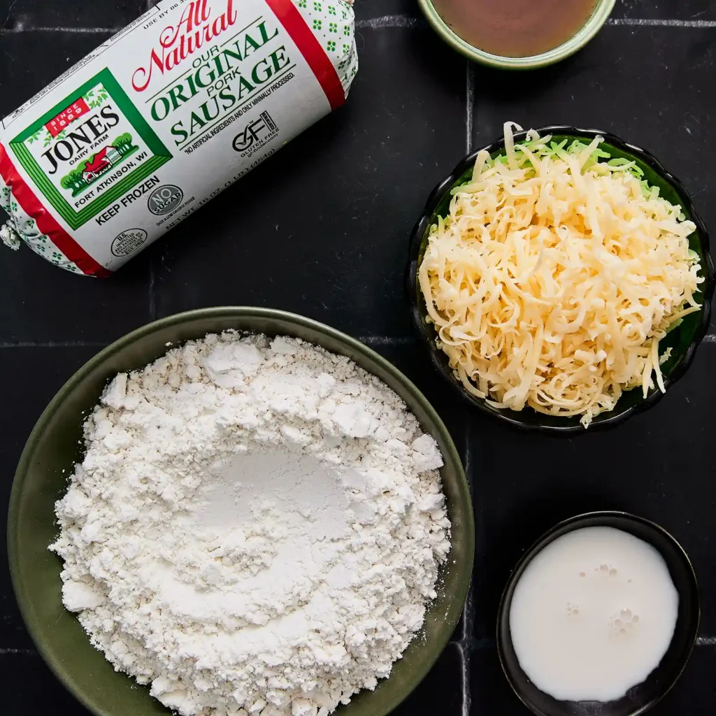 Ingredients for smoked gouda sausage balls including a package of Jones All Natural Original Pork Sausage, shredded smoked gouda, flour, milk, and spicy honey