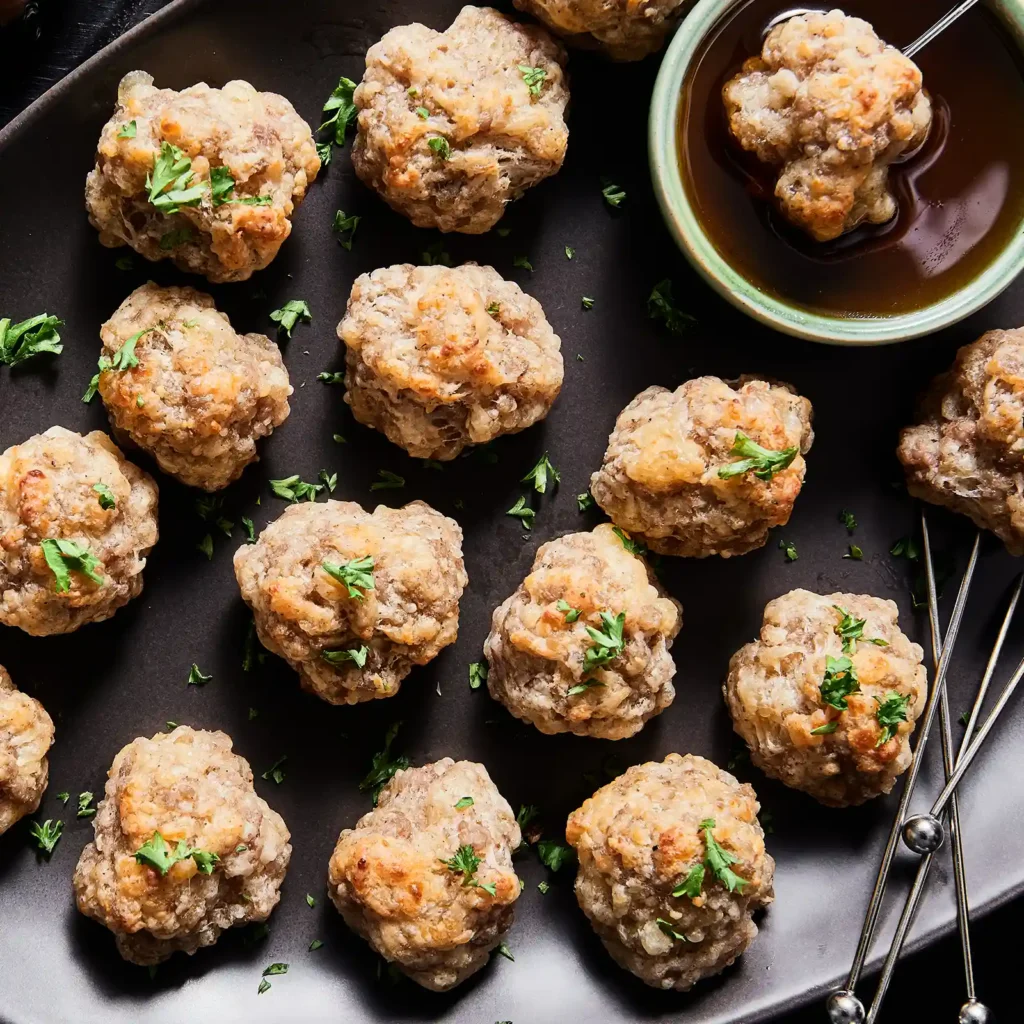 Overhead view of Jones smoked gouda sausage balls garnished with fresh parsley on a dark platter, served with a bowl of spicy honey for dipping