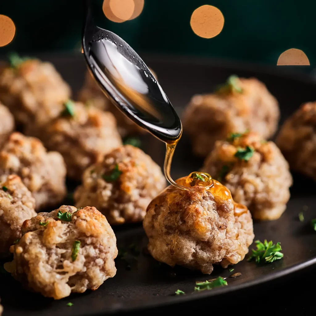 Spicy honey being drizzled from a spoon over Jones sausage balls with smoked gouda, garnished with fresh parsley