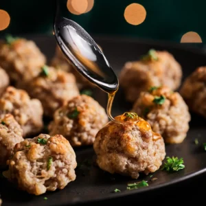 Spicy honey being drizzled from a spoon over Jones sausage balls with smoked gouda, garnished with fresh parsley