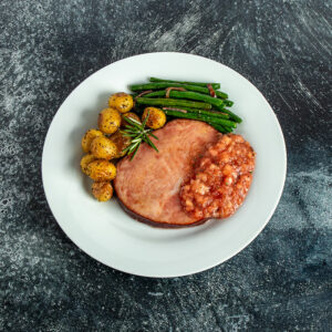 Ham Steak Dinner Plate with potatoes and green beans, how to cook ham steak, how to use ham steak, ham steak recipes