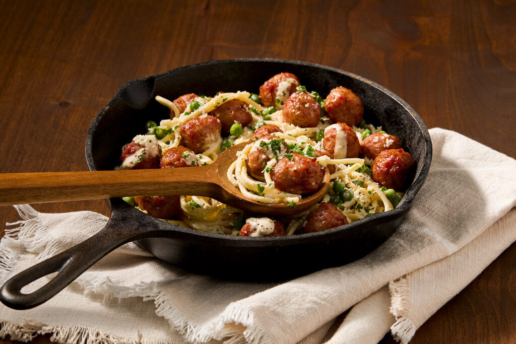 Bacon Meatball Carbonara, Jones Pork and Bacon Meatballs, Rich, Savory Pasta with Premium Meatballs