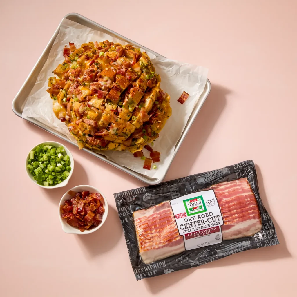 Overhead flat lay of cheesy pull-apart bread with Jones Dairy Farm Dry Aged Cherrywood Smoked Bacon on a sheet pan, with a package of Jones Cherrywood Smoked Bacon, a bowl of sliced green onions, and a bowl of crumbled bacon alongside on a pink surface.