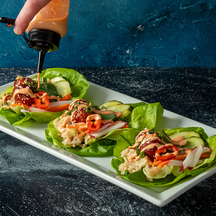 Korean BBQ Lettuce Wrap with Pork and Bacon Meatballs