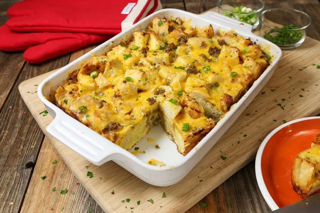 Baked sausage and egg breakfast casserole topped with melted cheddar and green onion, in a white baking dish