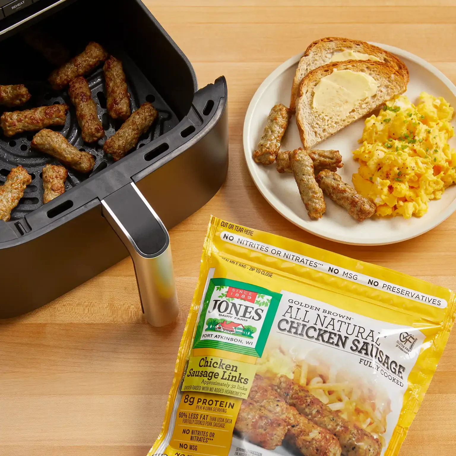 Jones Dairy Farm Golden Brown all natural chicken sausage links package with sausage cooking in an air fryer and a breakfast plate of sausage, scrambled eggs, and toast