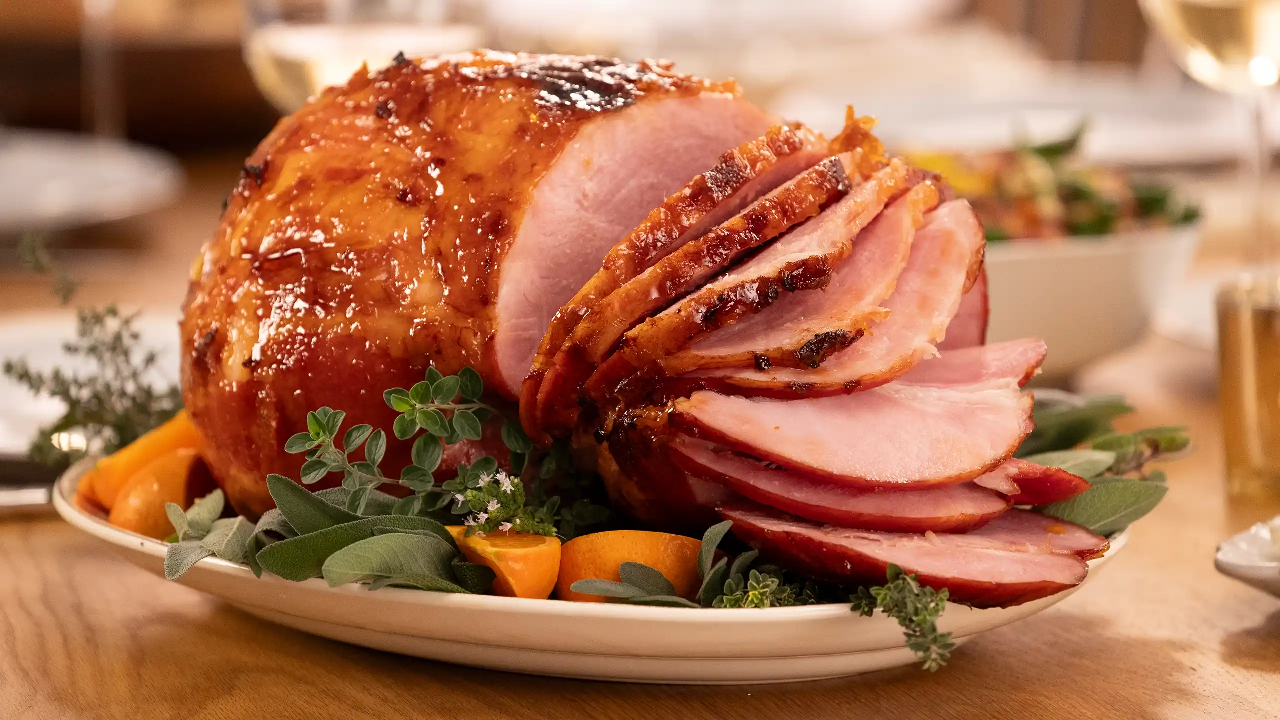 Jones Dairy Farm glazed bone-in hickory smoked ham sliced and served on a platter with fresh herbs and citrus