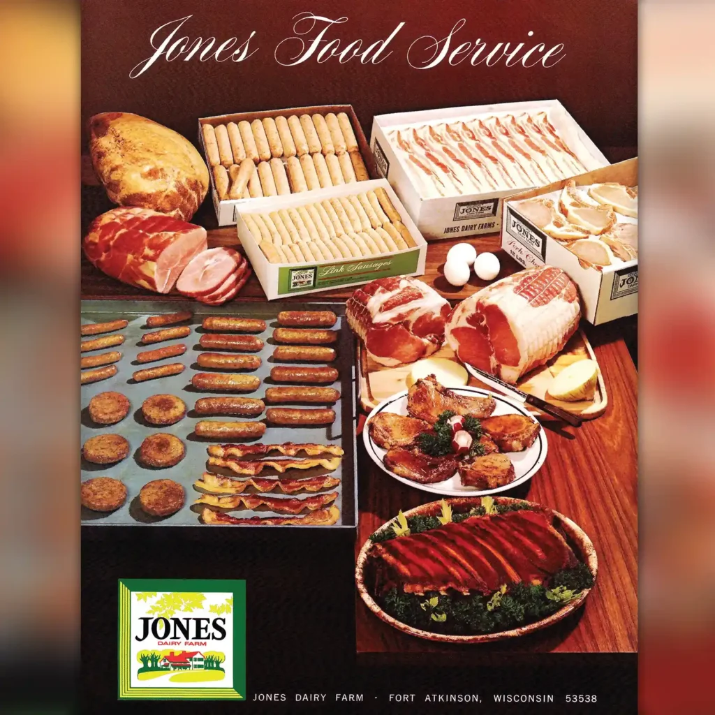 Vintage 1987 Jones Foodservice advertisement featuring sausage links, patties, bacon, ham, and Canadian bacon product line