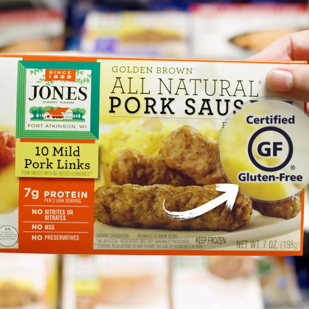 Jones Dairy Farm Golden Brown all natural pork sausage links package highlighting the Certified Gluten-Free seal