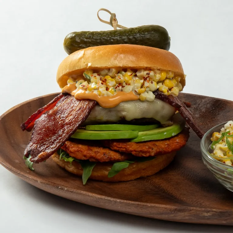 Jones Dairy Farm chicken chorizo patty burger with bacon, avocado, street corn topping, and chipotle sauce on a brioche bun