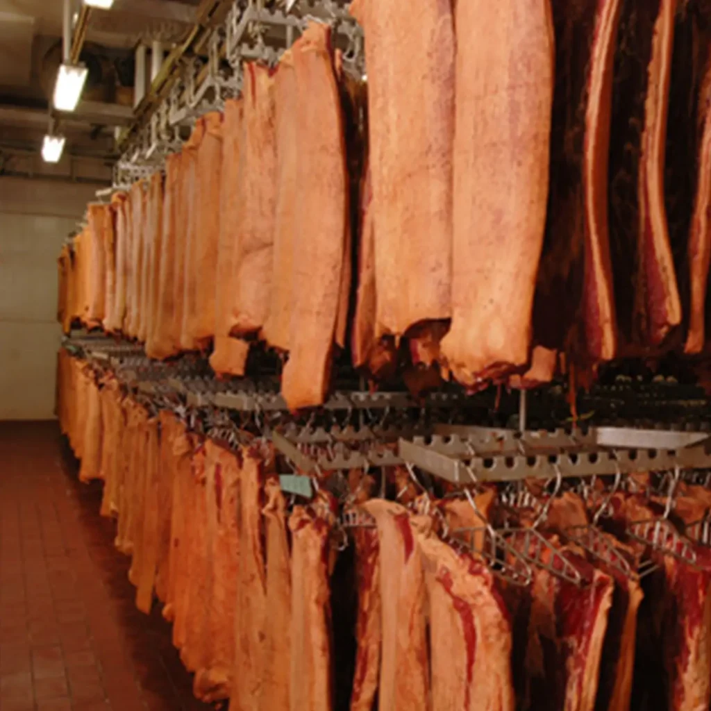 Pork bellies dry aging on racks at the Jones Dairy Farm production facility