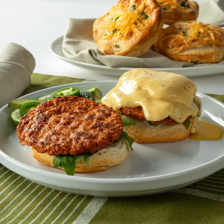 Jones Dairy Farm fiery chicken chorizo patty benedict on a biscuit with hollandaise sauce and arugula