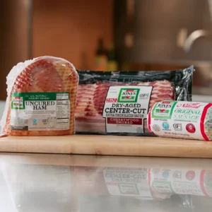 Jones Dairy Farm uncured ham, dry aged cherrywood smoked bacon, and all natural original pork sausage roll product lineup