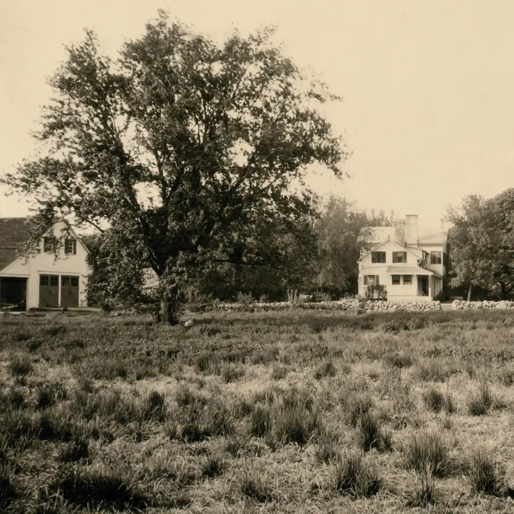 Historic black and white photograph of the original Jones Dairy Farm property in Fort Atkinson, Wisconsin circa 1838