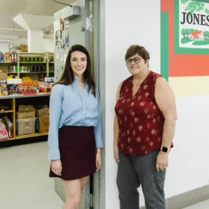 Lisa Caras and food pantry coordinator at the Jones Dairy Farm community food pantry in Fort Atkinson, Wisconsin