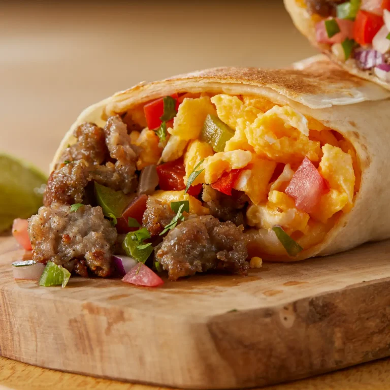 Jones Dairy Farm pork sausage breakfast burrito with scrambled eggs, peppers, tomatoes, and cheese