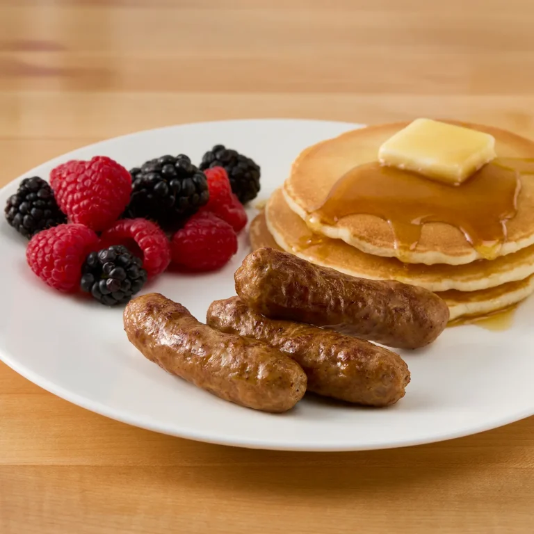 Jones Dairy Farm pork sausage links served with pancakes, butter, syrup, and fresh berries on a breakfast plate