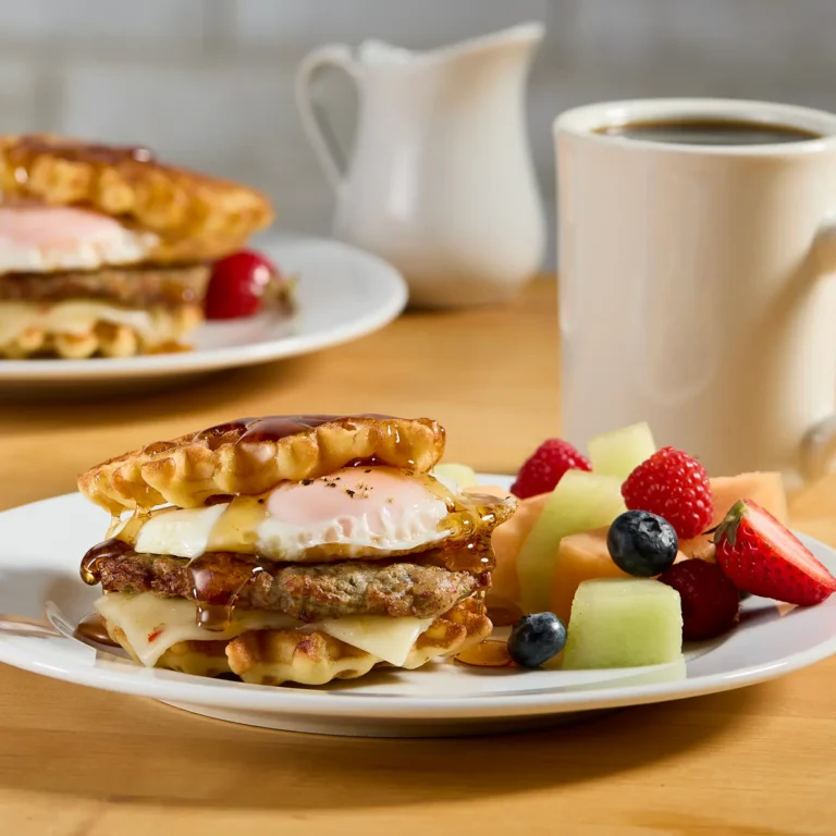 Jones Dairy Farm sausage patty and fried egg waffle sandwich with melted cheese and syrup served with fresh fruit