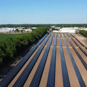 Aerial view of the Jones Dairy Farm solar panel array in Fort Atkinson, Wisconsin