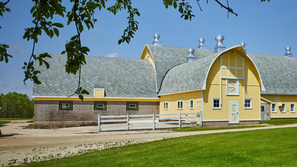 Historic yellow barn at Jones Dairy Farm in Fort Atkinson, Wisconsin