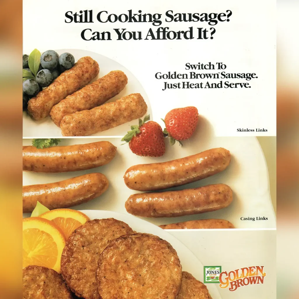 Vintage 1986 Jones Dairy Farm Golden Brown fully cooked breakfast sausage advertisement featuring skinless links, casing links, and patties