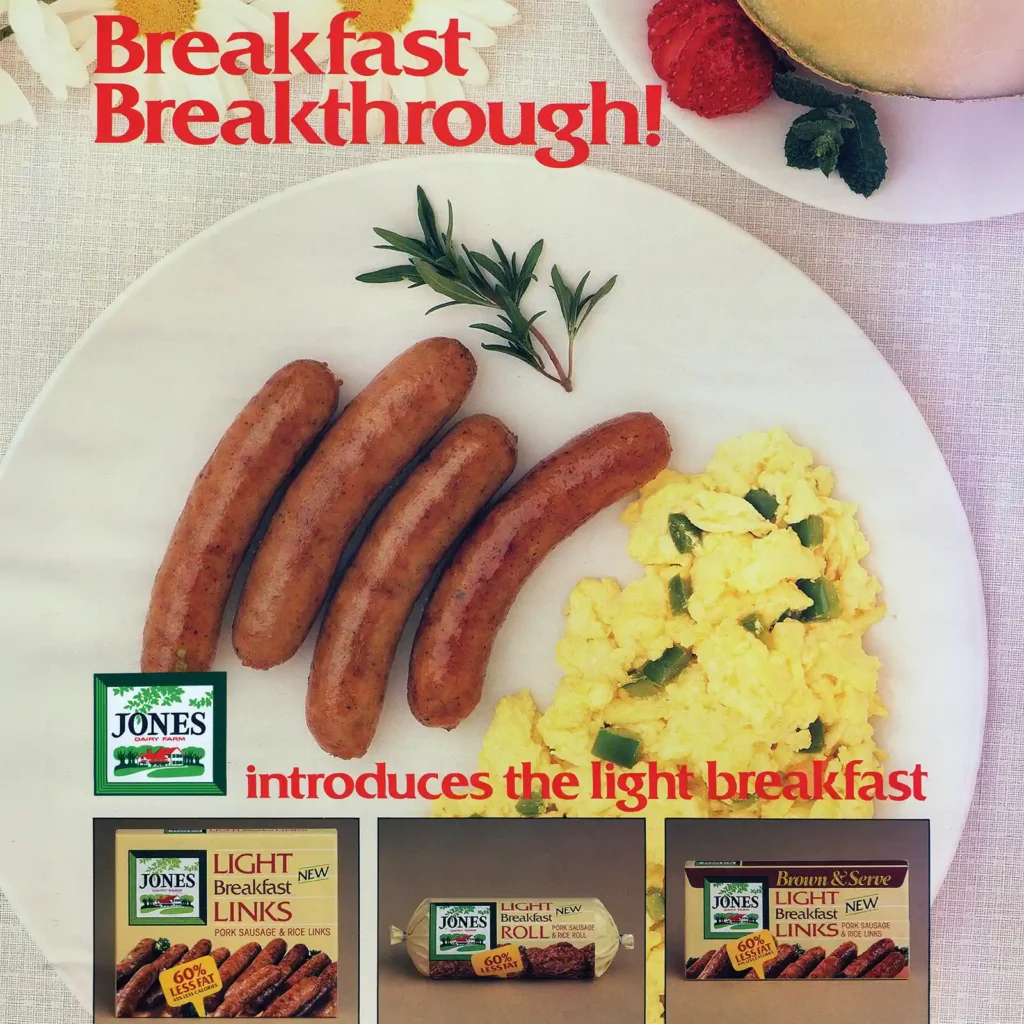 intage Jones Dairy Farm advertisement introducing Light Breakfast Sausage links, roll, and Brown and Serve varieties from the 1980s