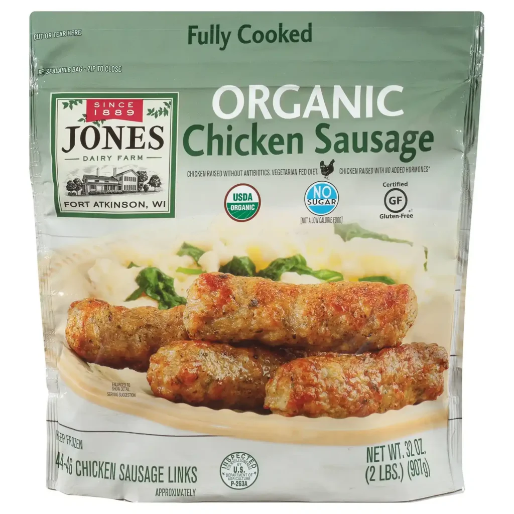 Jones Dairy Farm USDA Organic fully cooked chicken sausage links package, gluten free and no sugar added