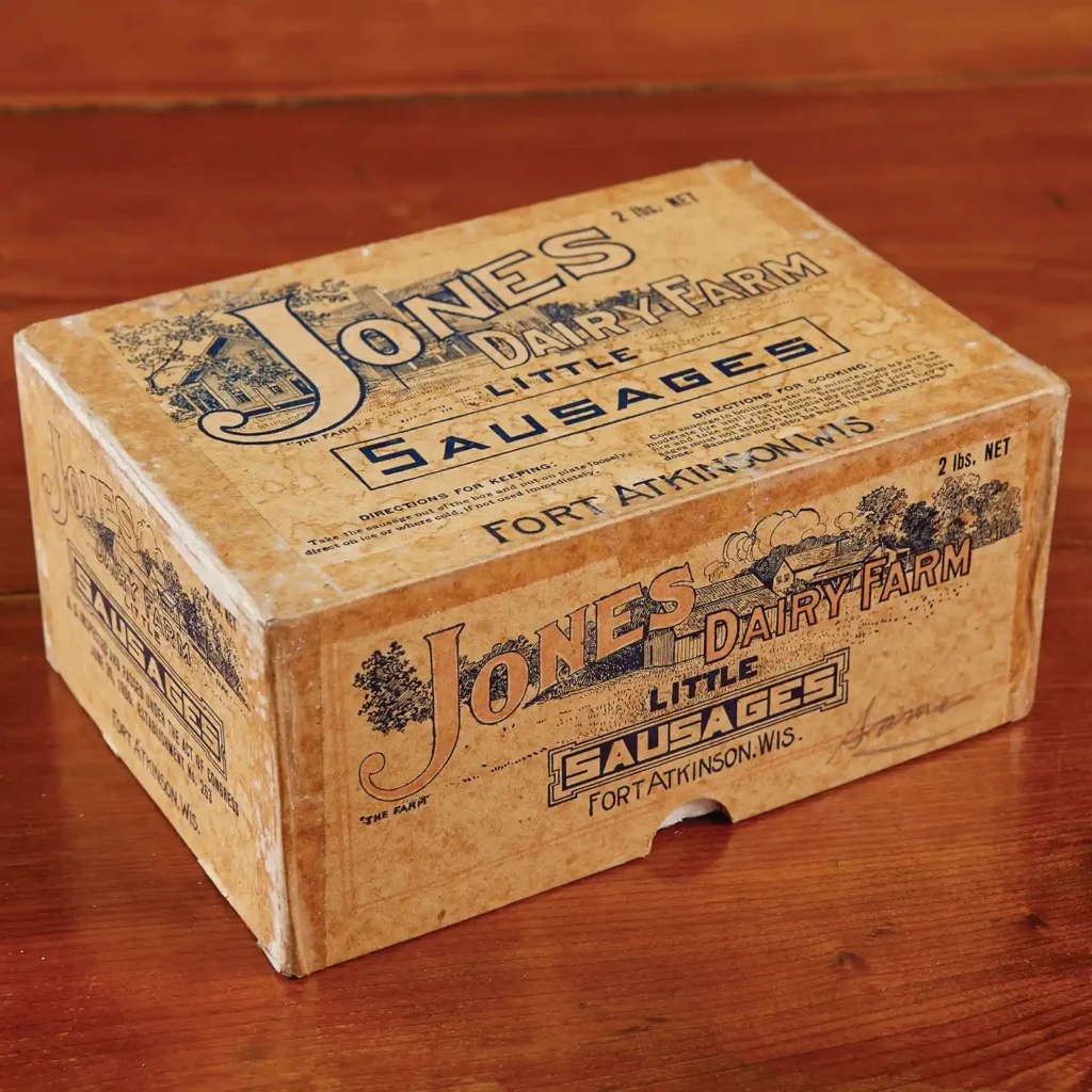 intage Jones Dairy Farm wooden sausage crate from 1889 marking the first commercial sausage production
