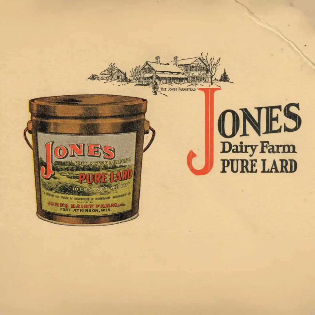 Vintage 1910 Jones Dairy Farm Pure Lard advertisement featuring an illustrated 10-pound bucket and the Jones Farmstead