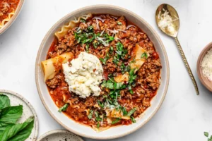 Lasagna soup with ground meat, tomato broth, and lasagna noodles, topped with ricotta and fresh basil