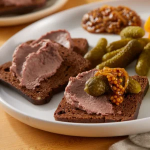 Jones Dairy Farm Braunschweiger liverwurst sliced and served on pumpernickel bread with cornichons and whole grain mustard