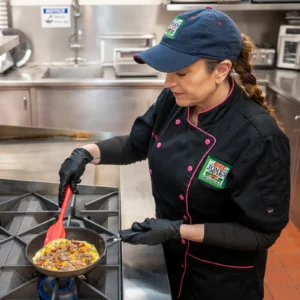2:08 PMClaude responded: Chef Kate Konen folds a pork sausage omelet in a skillet on a commercial kitchen gas range using a red spatula, wearing a black Jones Dairy Farm chef's coat wi…Chef Kate Konen folds a pork sausage omelet in a skillet on a commercial kitchen gas range using a red spatula, wearing a black Jones Dairy Farm chef's coat with pink trim and a navy Jones Dairy Farm cap