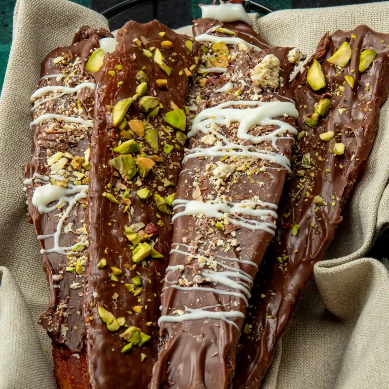Three thick slices of Jones Dry Aged Slab Bacon dipped in dark chocolate and topped with crushed pistachios and a white chocolate drizzle, arranged in a linen-lined wire basket.