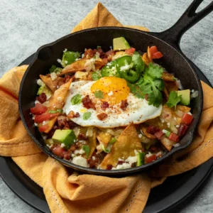Bacon Chilaquiles served in a cast iron skillet with crispy tortilla chips, Jones Raw Diced Bacon, salsa verde, avocado, queso fresco, and a sunny side up egg finished with Tajín seasoning