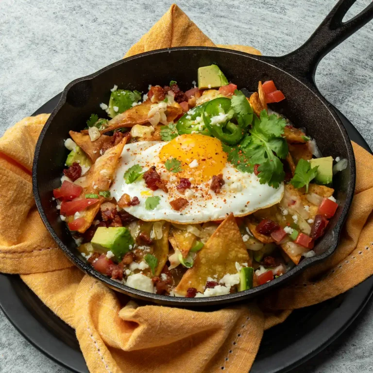Bacon Chilaquiles served in a cast iron skillet with crispy tortilla chips, Jones Raw Diced Bacon, salsa verde, avocado, queso fresco, and a sunny side up egg finished with Tajín seasoning