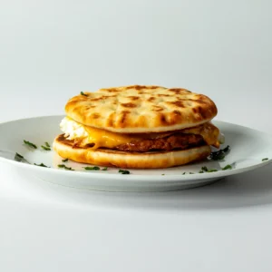 Jones Chicken Chorizo sausage patty breakfast sandwich with egg and melted cheese on a toasted flatbread